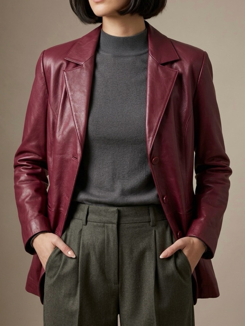 PAMELA MCCOY Vintage Burgundy Genuine Leather Blazer L
